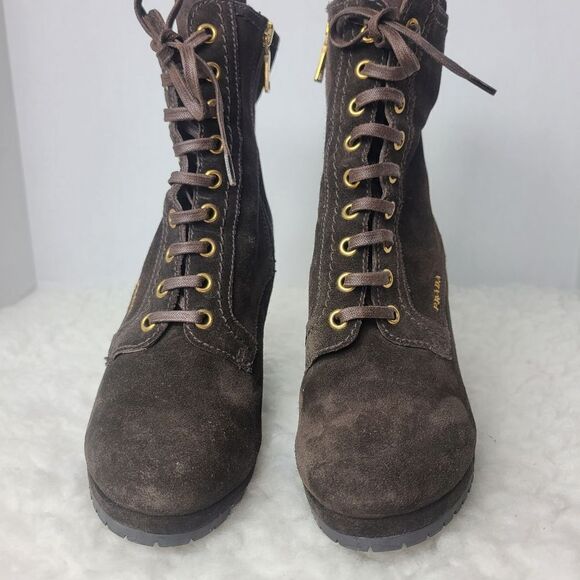 Prada Women's Wedge Boots Size 7  Brown Suede Lace Up Ankle Bootie Shoes #N4782 - Picture 2 of 10